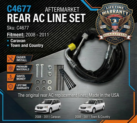 Aftermarket rear AC line set for 2008-2011 Caravan and Town and Country with warranty badge.