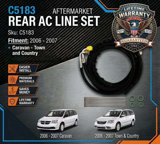 Aftermarket rear AC line set for 2006-2007 Caravan and Town & Country with Lifetime Warranty badge.