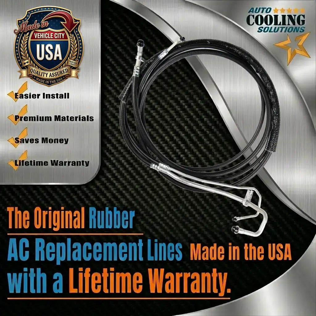 AC replacement lines with branding and text on a metallic and carbon fiber background