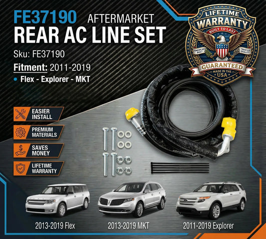 Aftermarket rear AC line set with product details and warranty information.