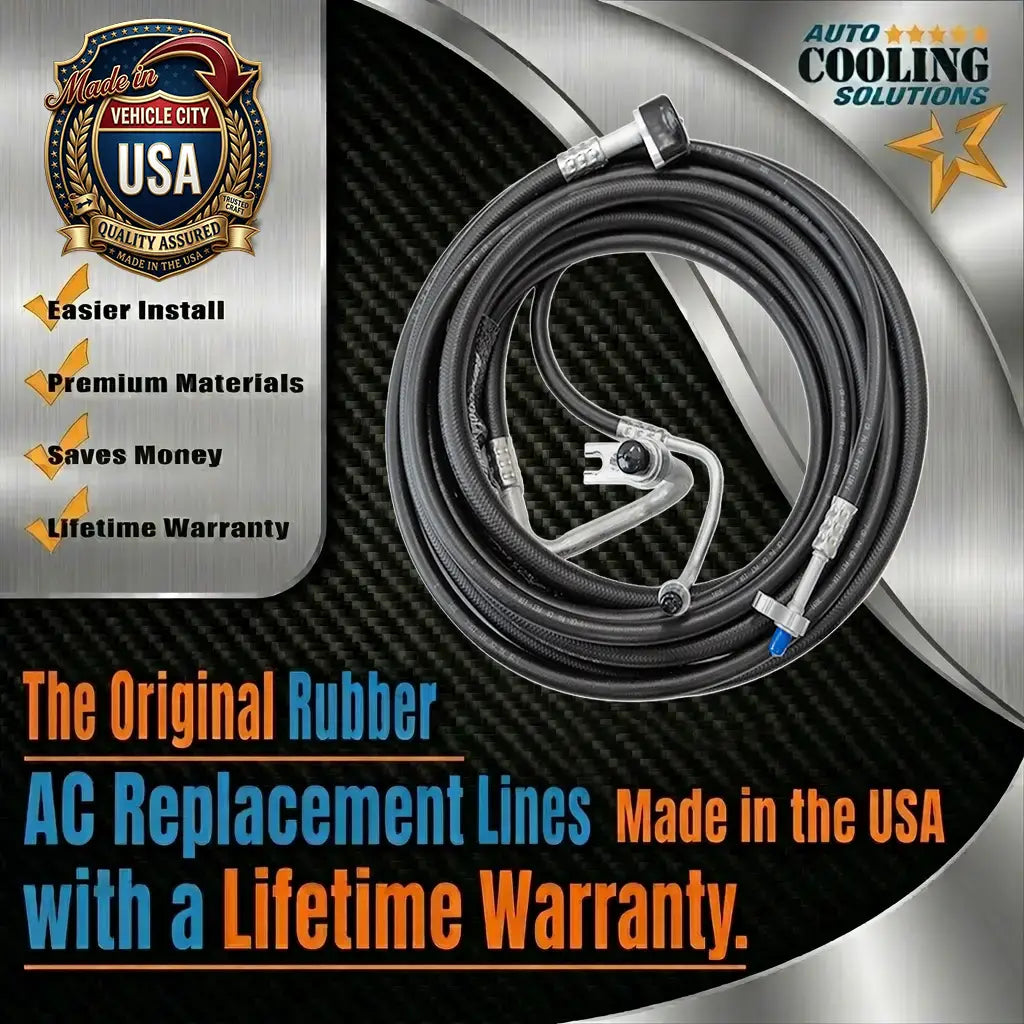 AC replacement lines with branding and product features on a black and silver background