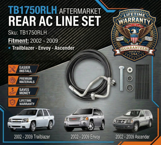 Aftermarket rear AC line for 2002-2009 Trailblazer, Envoy, and Ascender with product details and warranty information.