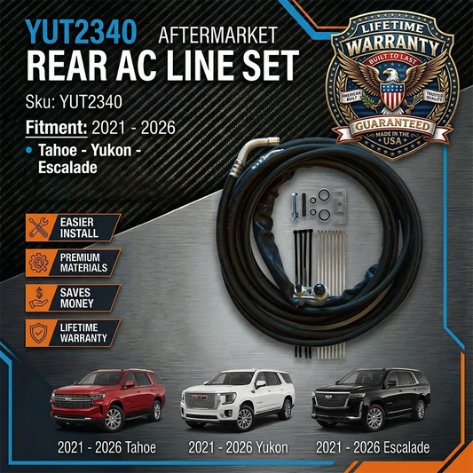 Aftermarket rear AC line set for 2021-2026 Tahoe, Yukon, and Escalade with warranty badge and vehicle images.