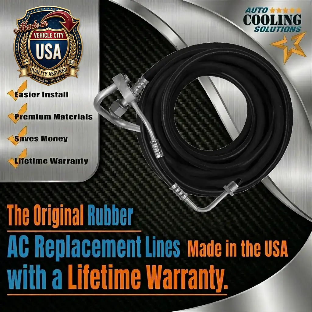 AC replacement lines with branding and text on a metallic background