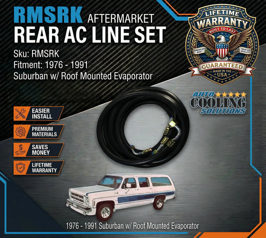 RMSRK aftermarket rear AC line set with a 1976-1991 Suburban illustration and warranty badge.