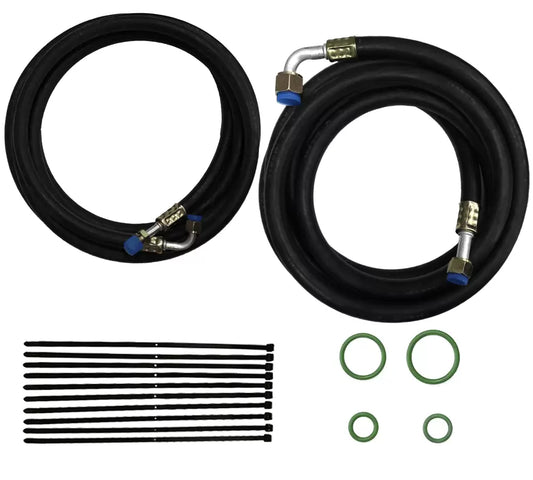 A set of flexible AC lines with metal connectors and O-rings laid out on a white background.