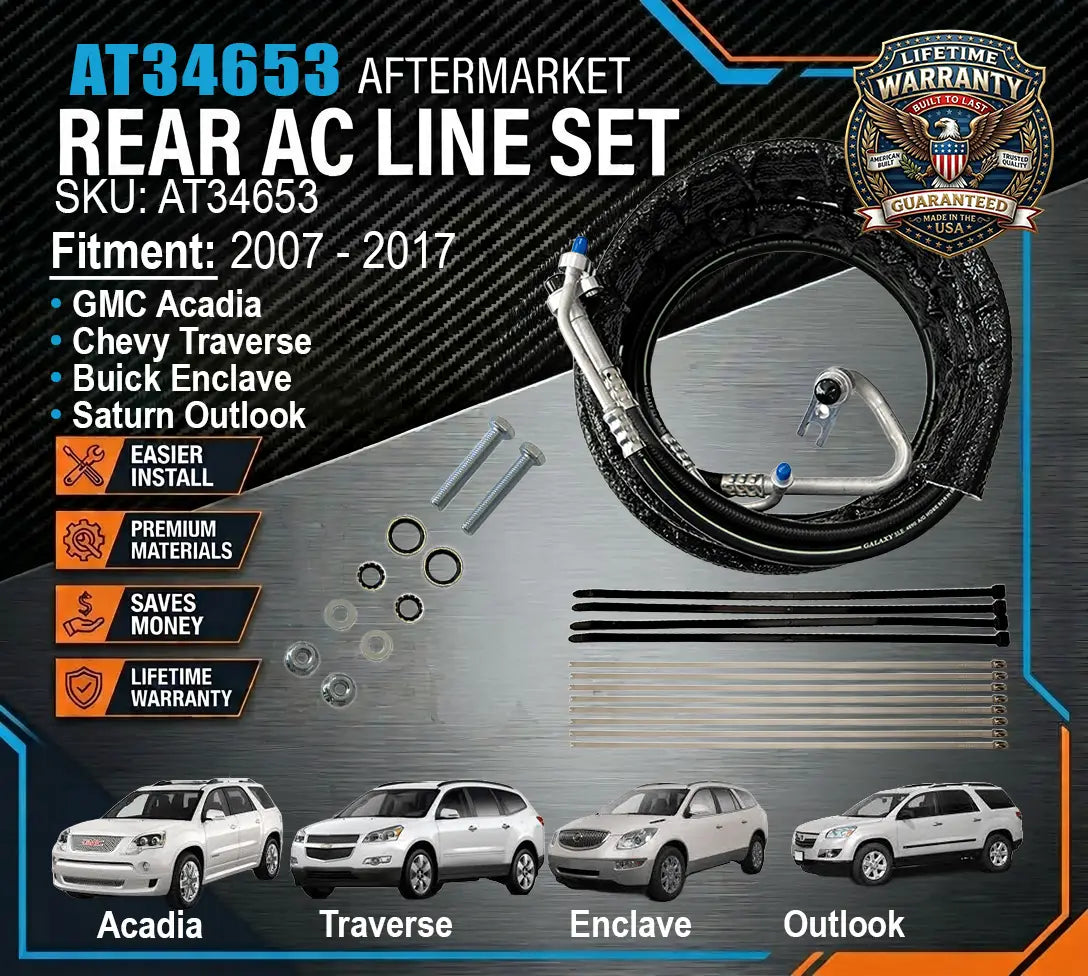 Aftermarket rear AC line set for various vehicle models with a warranty badge on a dark background.