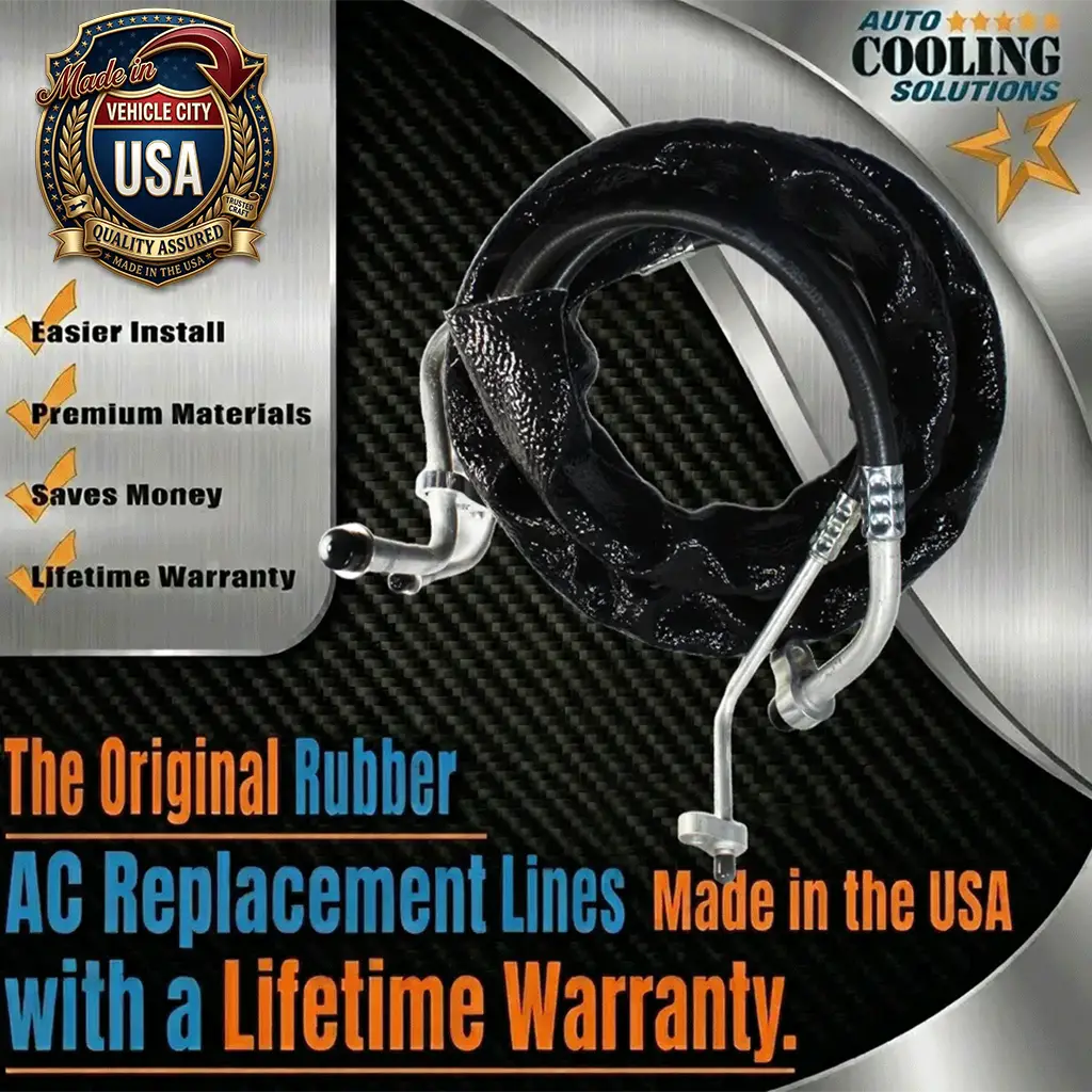 AC replacement lines with promotional text and logos on a black and silver background