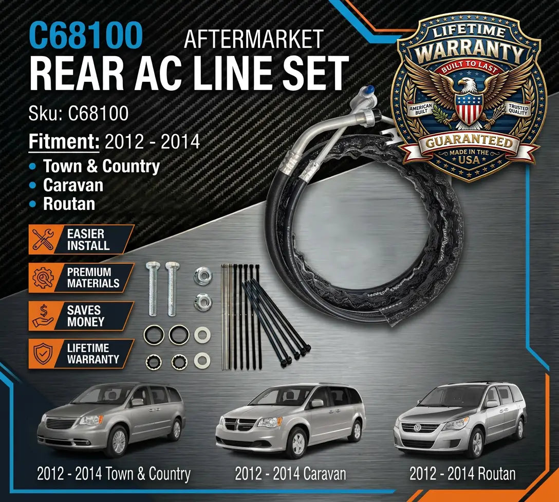 Aftermarket rear AC line set for 2012-2014 Dodge Town & Country, Caravan, and Routan with warranty badge.