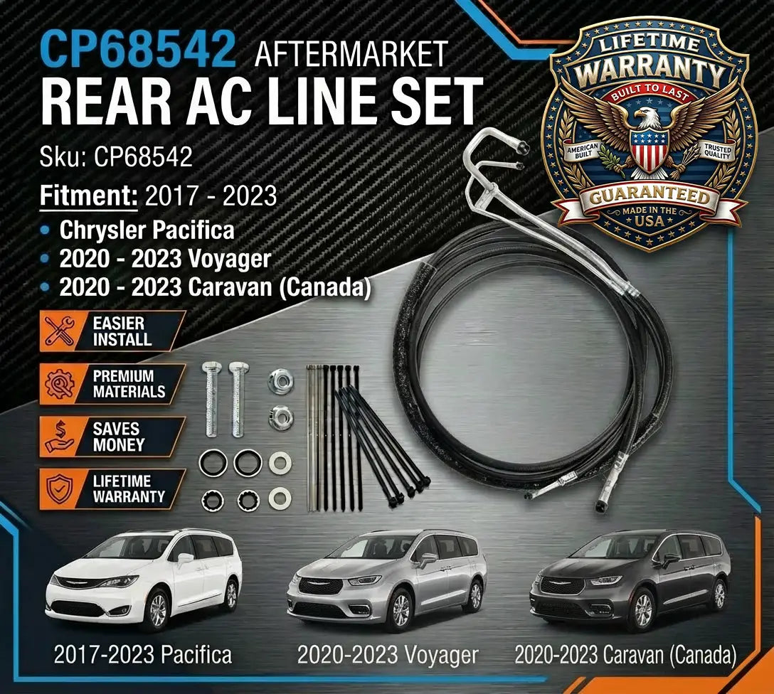 Aftermarket rear AC line set for Chrysler vehicles with product details and warranty information.