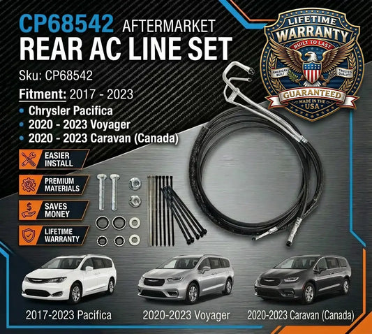Aftermarket rear AC line set for Chrysler vehicles with product details and warranty information.