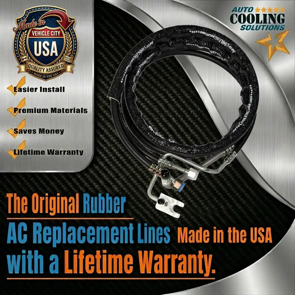 AC replacement lines with branding and promotional text on a metallic background