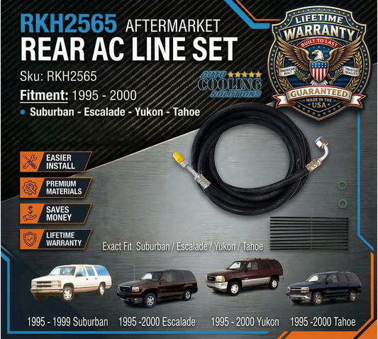 Aftermarket rear AC line set with product details and warranty information.