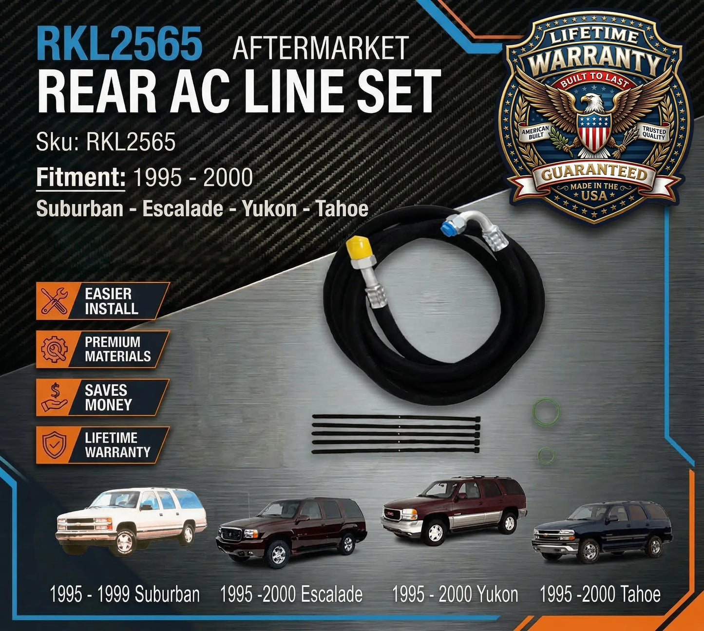 Rear AC Line RKL2565 aftermarket line with product details and warranty information.