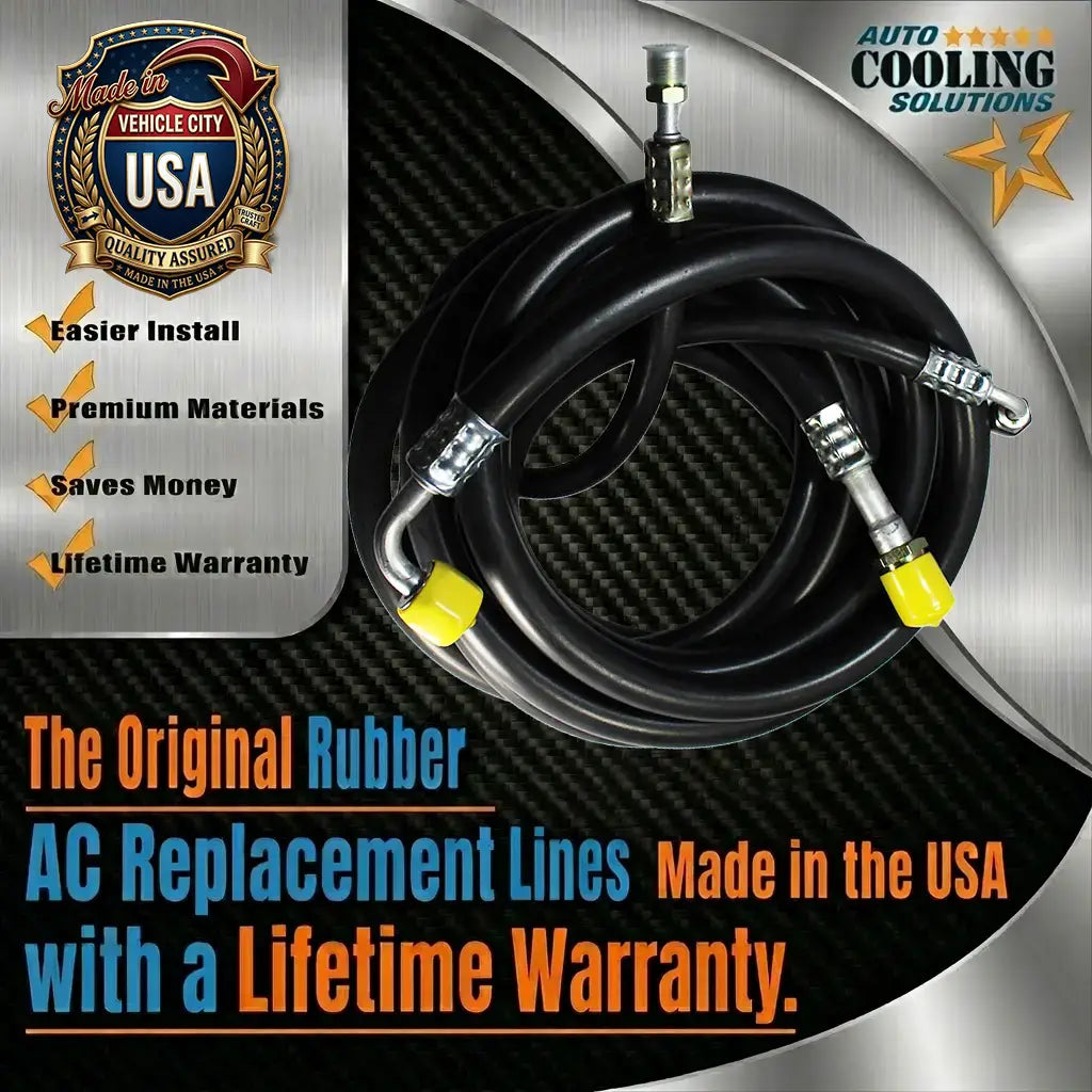 AC replacement lines with branding and product features on a metallic background