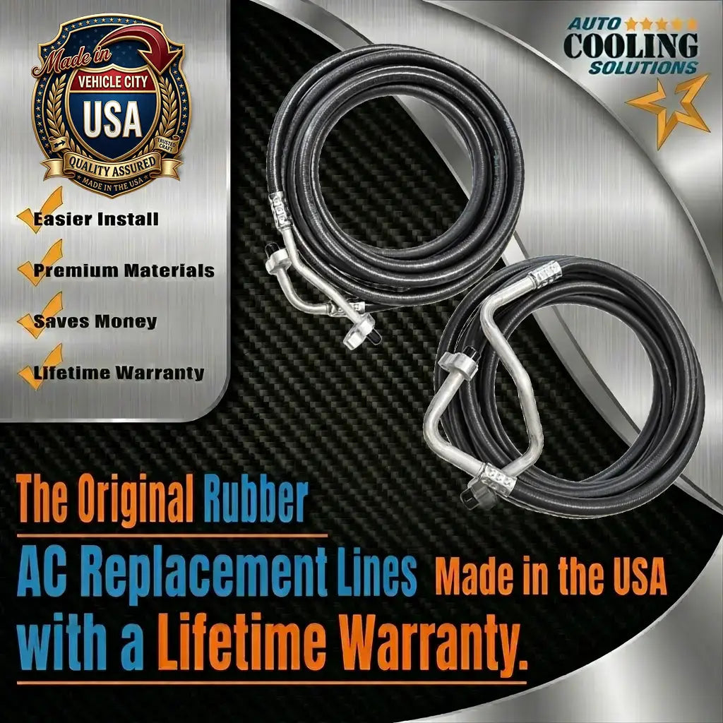 AC replacement lines with branding and product features on a metallic background