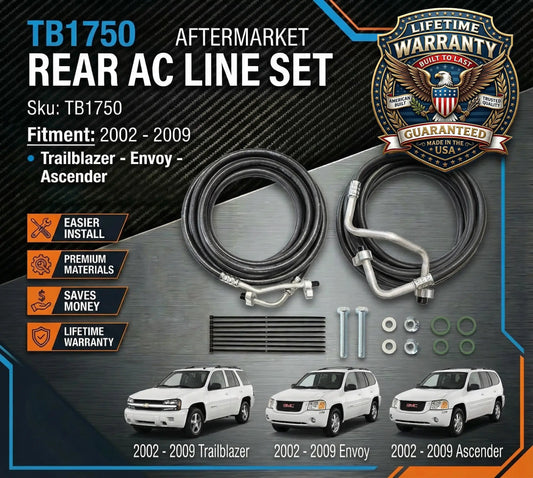 Aftermarket rear AC line set for vehicles with Lifetime Warranty logo and product details.