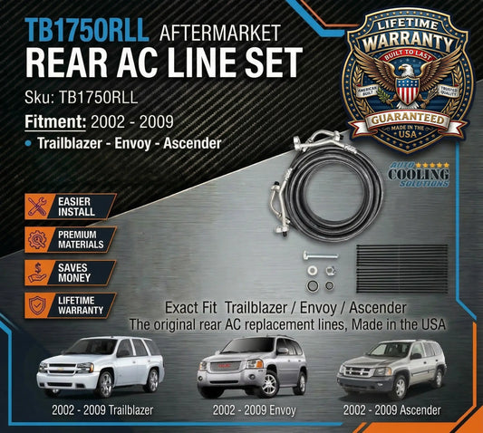 Rear AC line set with vehicle compatibility and warranty information.