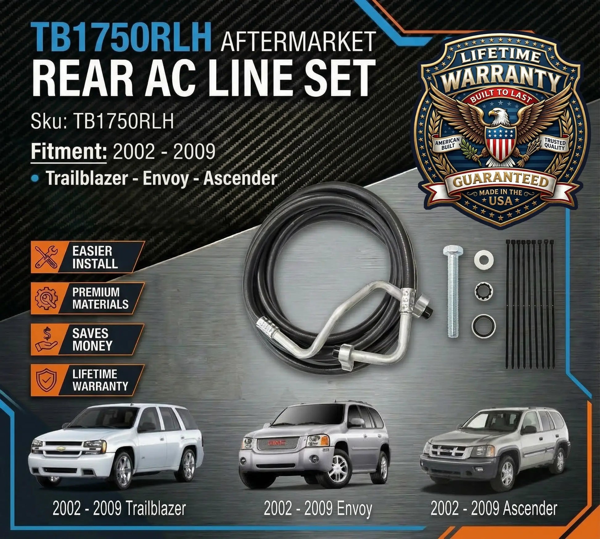 Aftermarket rear AC line for 2002-2009 Trailblazer, Envoy, and Ascender with product details and warranty information.