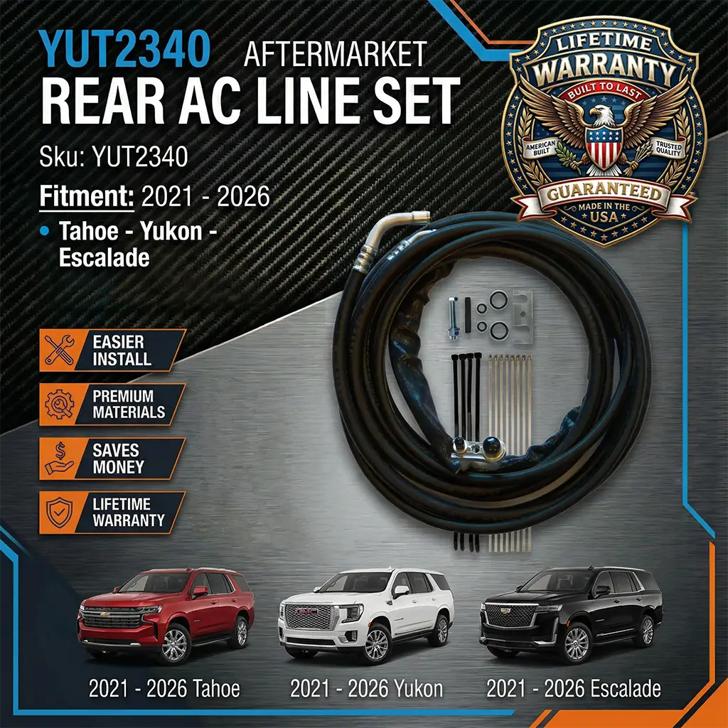 Aftermarket rear AC line set for 2021-2026 Tahoe, Yukon, and Escalade with warranty badge and vehicle images.