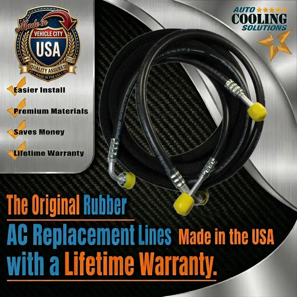 AC replacement lines with branding and promotional text on a metallic background