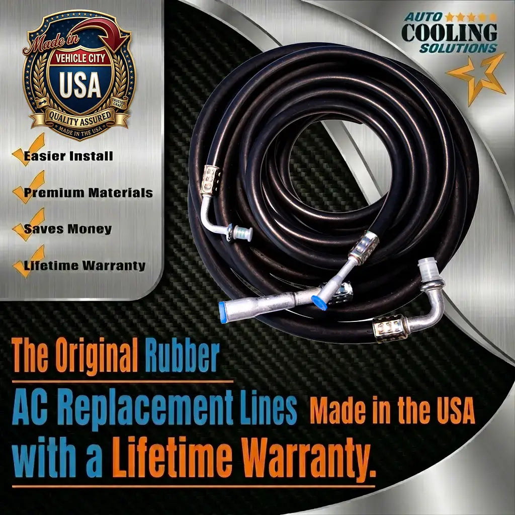 AC replacement lines with branding and promotional text on a metallic background