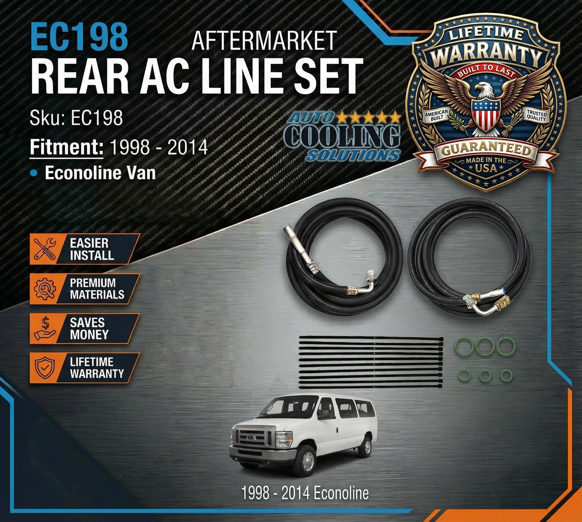 Aftermarket rear AC line set for 1998-2014 Econoline Van with product details and warranty information.