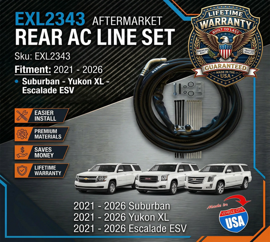Aftermarket rear AC line set EXL2343 with vehicle compatibility and warranty information.