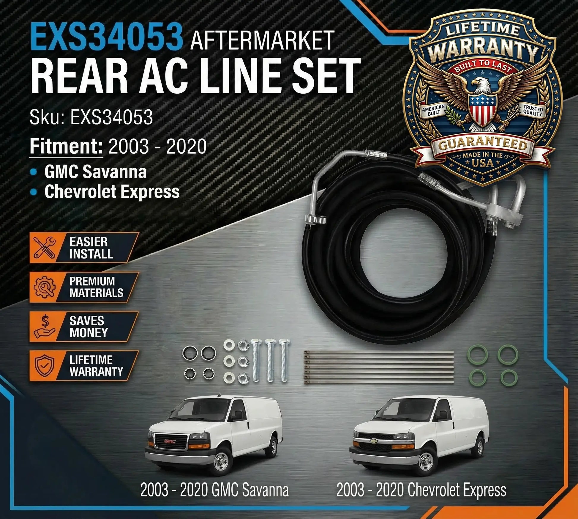 Aftermarket rear AC line set for 2003-2020 GMC Savanna and Chevrolet Express with Lifetime Warranty badge.