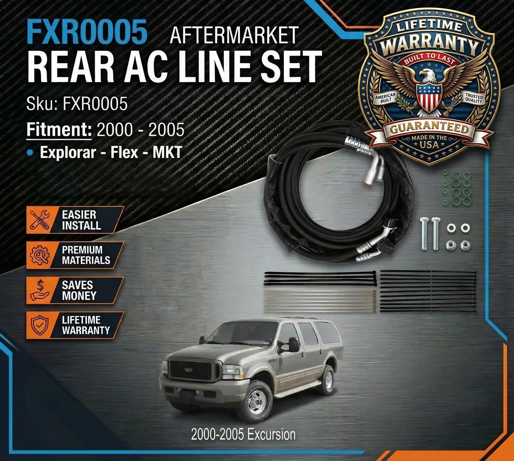 Aftermarket rear AC line set for vehicles with a Lifetime Warranty badge on a dark background.