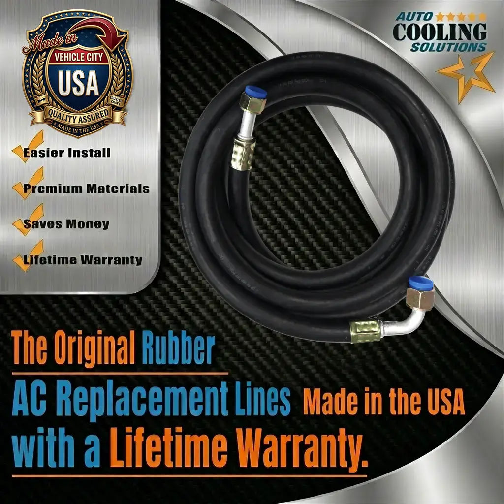 AC replacement lines with branding and product features on a metallic background