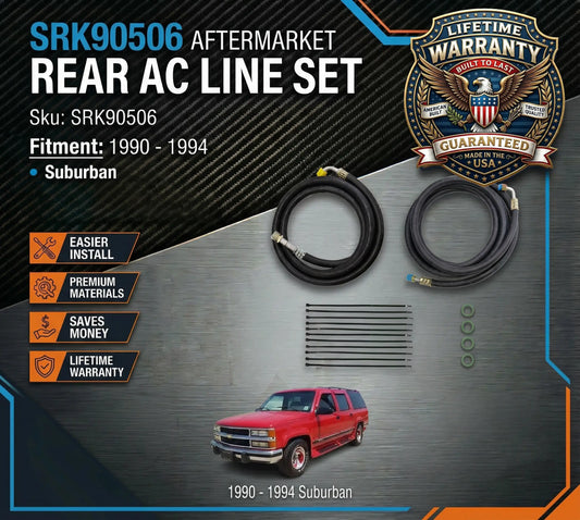 Aftermarket rear AC line set for 1990-1994 Suburban with Lifetime Warranty badge and features listed.