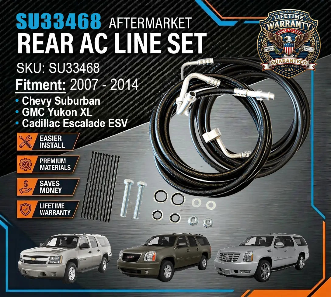 Aftermarket rear AC line set for vehicles with a Lifetime Warranty badge on a dark background.
