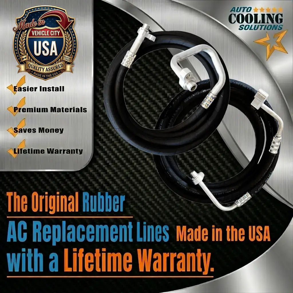 AC replacement lines with branding and product features on a dark background