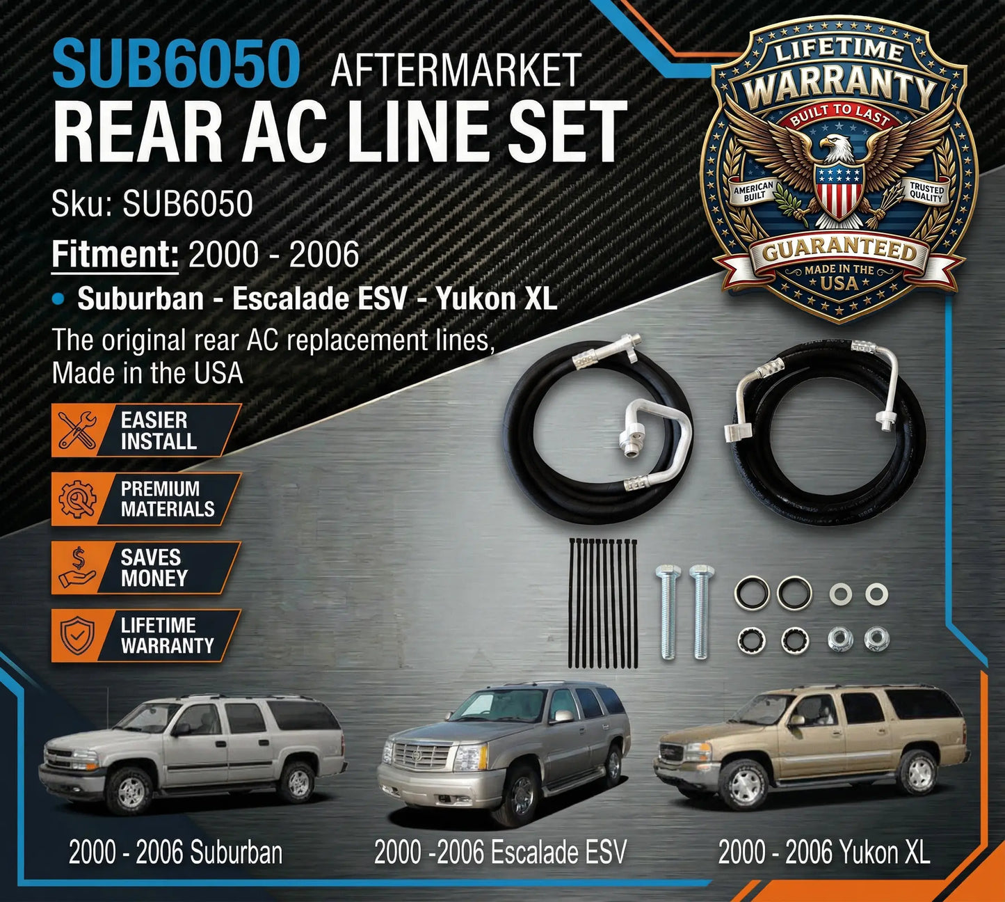 Aftermarket rear AC line set with vehicle compatibility and warranty information.