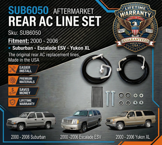 Aftermarket rear AC line set with vehicle compatibility and warranty information.
