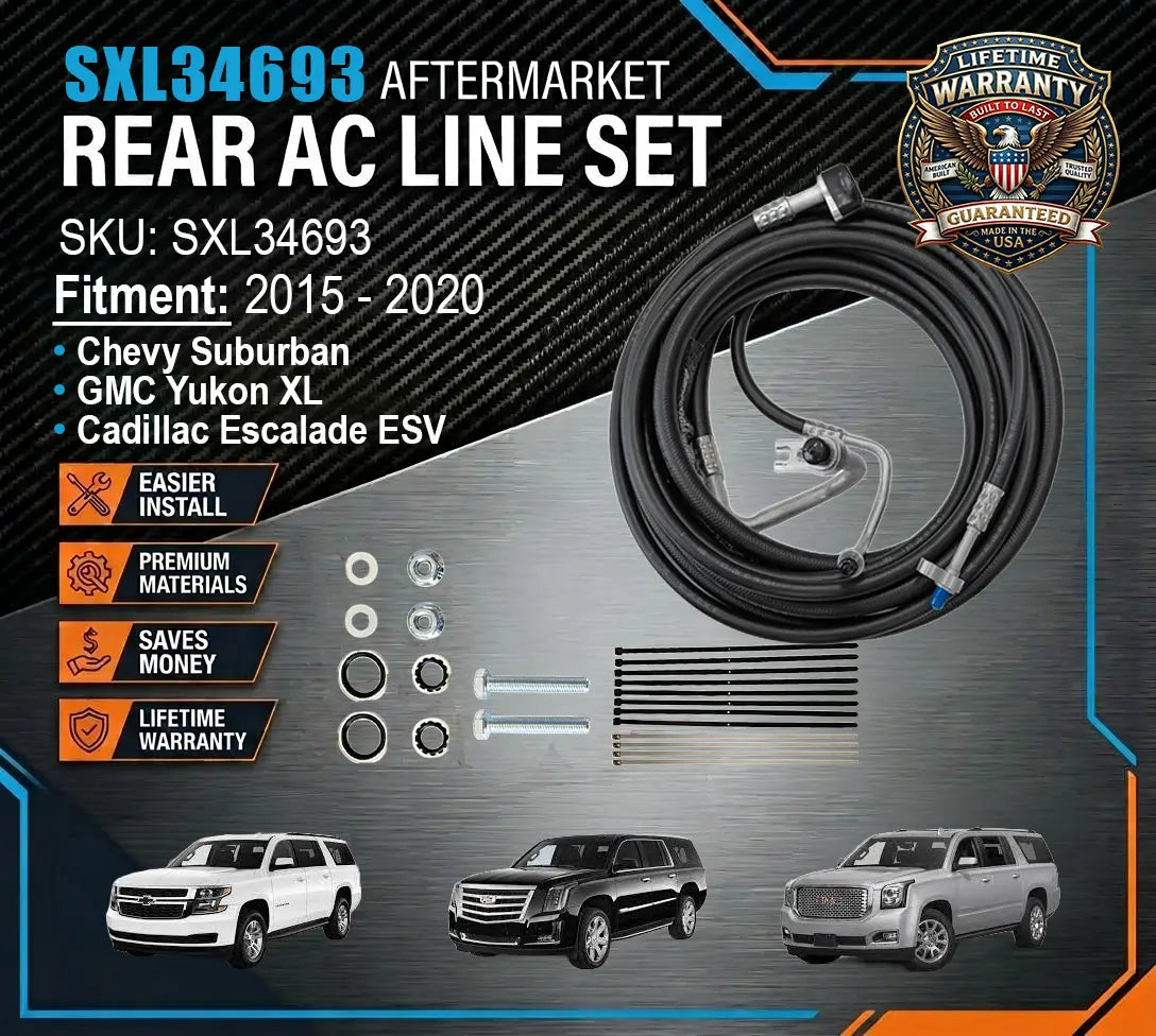 Aftermarket rear AC line set for 2015-2020 Chevrolet Suburban, GMC Yukon XL, and Cadillac Escalade ESV with product details and warranty information.