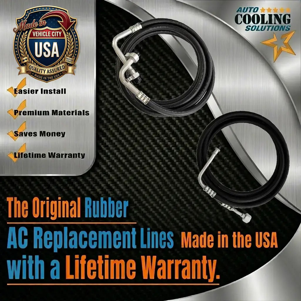 AC replacement lines with branding and promotional text on a metallic and carbon fiber background