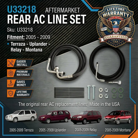 Aftermarket rear AC line set with product details and warranty information.