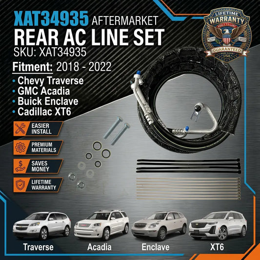 Aftermarket rear AC line set for specified vehicles with warranty information on a dark background.