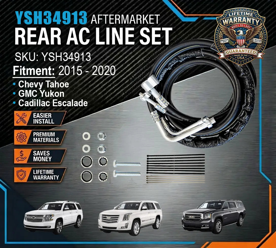Aftermarket rear AC line set with vehicle compatibility and product features on a dark background.