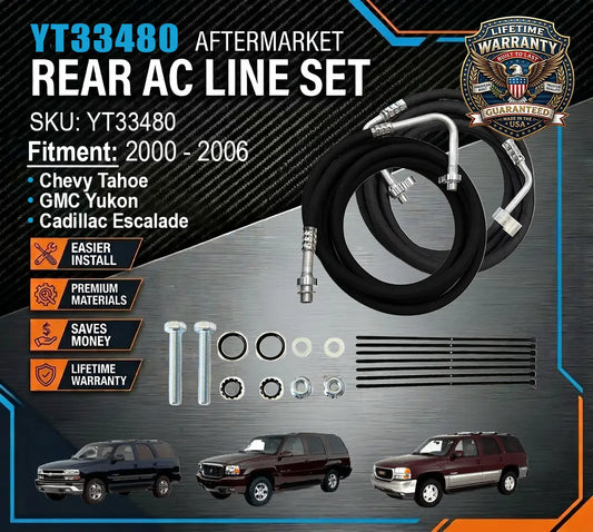 Aftermarket rear AC line set for vehicles with Lifetime Warranty badge on a dark background