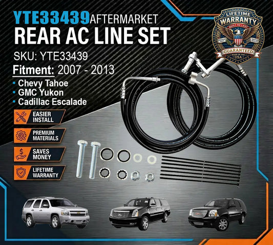 Aftermarket rear AC line set for vehicles with Lifetime Warranty badge on a dark background
