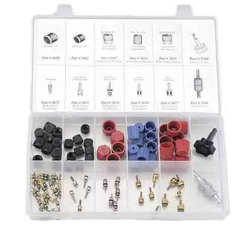 AC Cap and Valve Core Assortment Kit with Tools 2663
